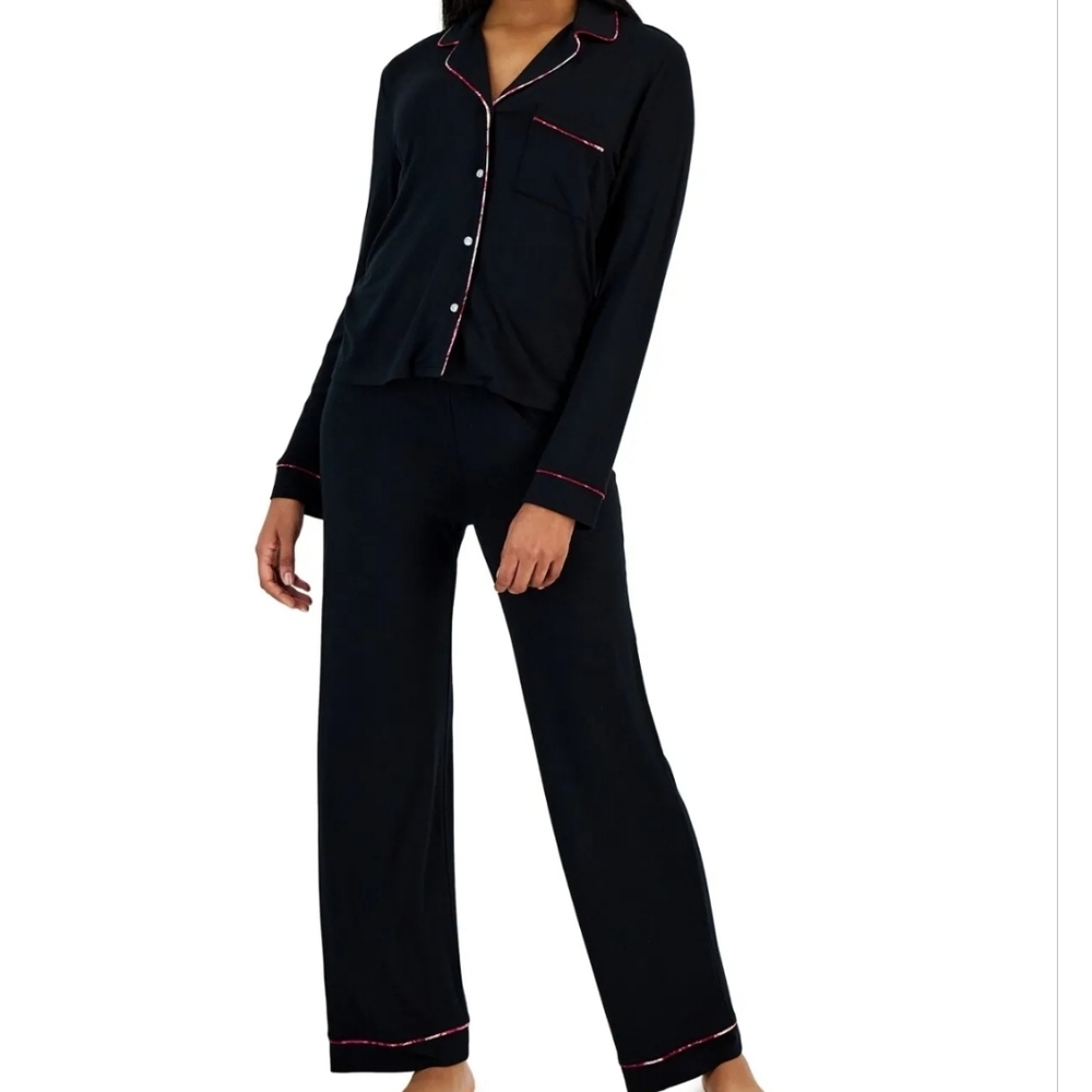 Jenni Women's Notch-Collar Pajama Set XS Black Long Sleeve Button Down